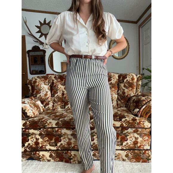 American Vintage Pants - Vintage Black & Cream Striped High-Waisted Pants